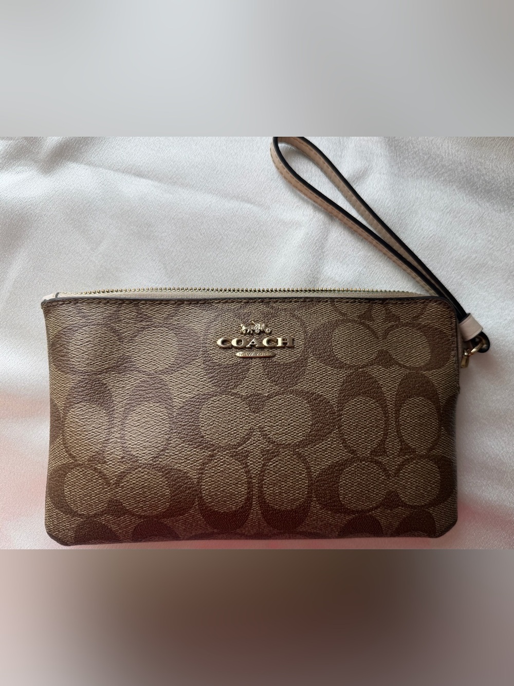 Coach Brown Signature Canvas Wristlet with Gold Logo
